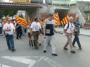Un bon nombre de santvicentins amb multitud de senyeres catalanes van acompanyar la Flama del Canigó durant tota la cercavila. / JORDI LARGO