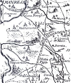 Mapa de Catalunya de Josep Aparici (1720) on consta Sant Jaume de Vallhonesta a peu del cam ral