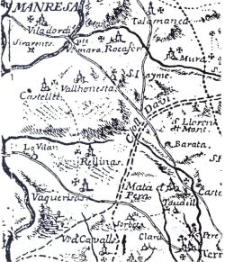 Mapa de Catalunya de Josep Aparici (1720) on consta Sant Jaume de Vallhonesta a peu del camí ral