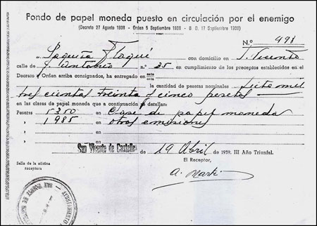 El rebut amb les set mil tres-centes trenta-cinc pessetes requisades a la mare de Maria Casals.